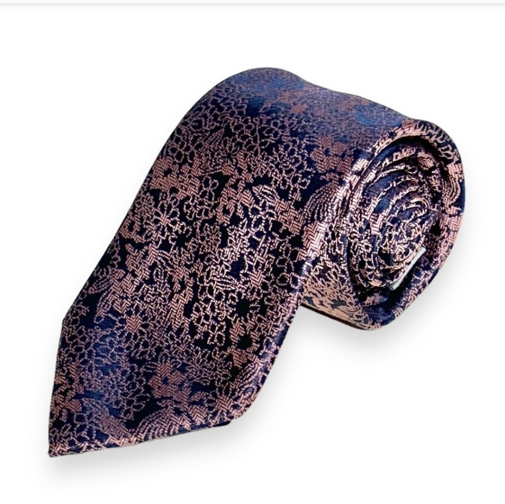 MICHAEL KORS Iridescent Silk Jacquard Navy Pink Floral Tie